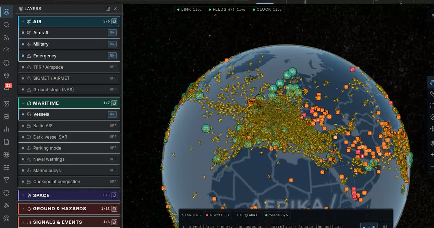 The Velocity console on localhost:8080 with the layer rail open beside the globe